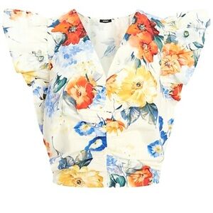 Express Floral V-Neck Flutter Sleeve Ruched Top Size L